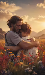 man hugs woman in field with mountains in background
