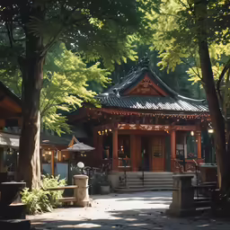 the small pagoda sits under trees by the walkway