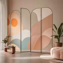 an abstractly styled living room with pink and white furniture