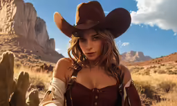 a female model in a cowboy hat standing in the desert