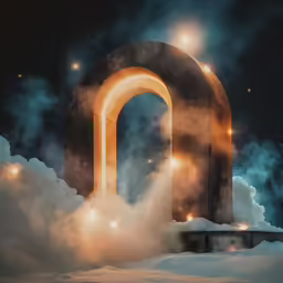 a night scene with light beams, clouds and a clock on a pedestal