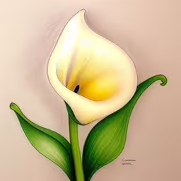 a white lily with green leaves, on a pink background,a yellow and white flower with green leaves,a painting of a flower with a green stem,a picture of a white flower on a brown wall,a white lily flower with two green leaves
