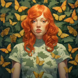 a painting with orange hair and green background,an orange - haired girl with butterflies surrounding her head