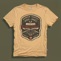 a yellow tee shirt with a picture of a black eagle and words on it,a yellow t - shirt with an old logo