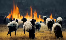 a field full of sheep with the fire burning in the background