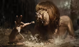 woman in artistic costume holding out her mouth with fire