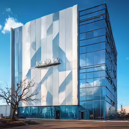 a very big nice looking building with some glass walls