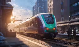 a commuter train on its tracks with city buildings behind it,an electric commuter train parked on the track at an urban train station