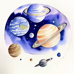 a watercolor of different planets on a paper,watercolor drawing of the solar system with their planets