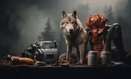 an image of two dogs standing in front of equipment