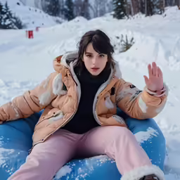 a woman sitting on top of an inner tube on a snowy day