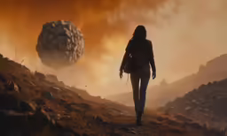 an animation is shown of a person walking toward a space object