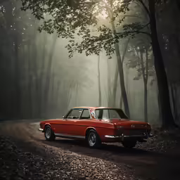 an old red car is driving down a dark road