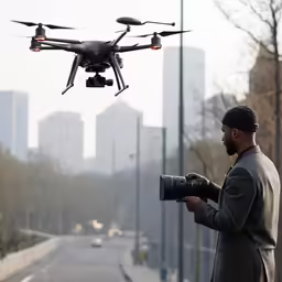 a man is holding two cameras with his arms open as he looks at a flying hovering camera