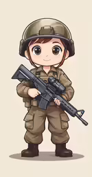an army girl holding a weapon and standing in front of the camera