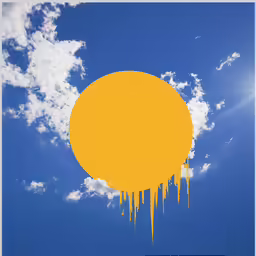 a large yellow piece is floating through the air with clouds and sun