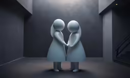 two small white figures standing in a room with an escalator