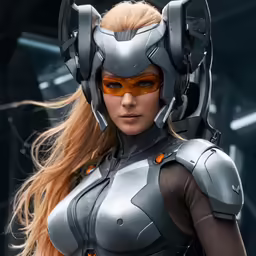a woman in a futuristic suit and headgear is standing outside