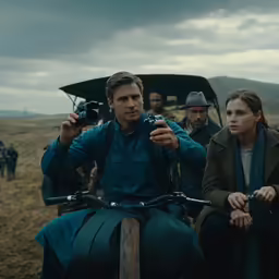 a man and woman on a bike in front of some people