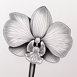 an ink drawing of a single flower,a pen drawing of a flower that is on the wall