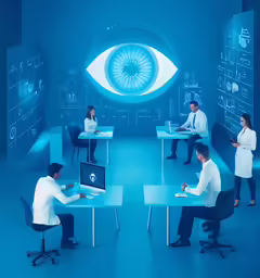four people in white suits and eye shaped screen