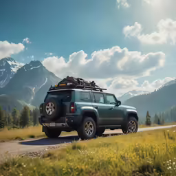 a vehicle parked in front of a mountain with mountains and trees
