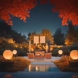 a night time scene with lights and lanterns on the lawn