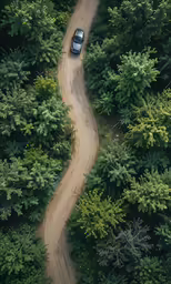 an aerial view of a dirt road in a wooded area