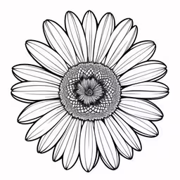a black and white drawing of a sunflower,a flower with petals and a lot of circles