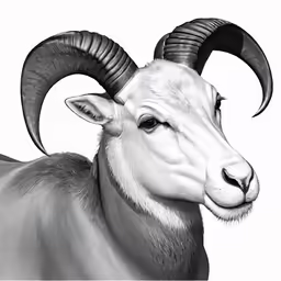 the image shows a black and white goat with large horns