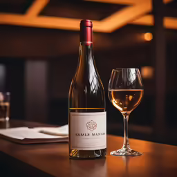 a close up of a bottle and glass of wine