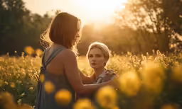 two women in the middle of a flowery field