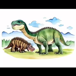 an adult and juvenile dinosaurs are depicted in this painting