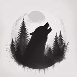 a black and white wolf in a forest with the moon behind it
