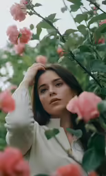 a young girl stands in the middle of an rose bush