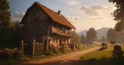 a old house that is in the middle of a field,a horse stands in front of a small wooden house