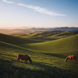 two horses are grazing in a field