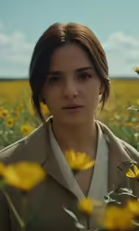 a woman in the middle of sunflowers