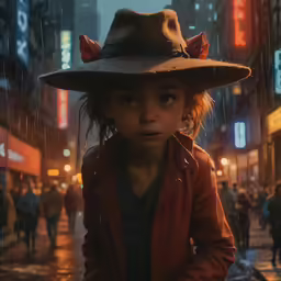 a girl wearing a hat standing on a city street