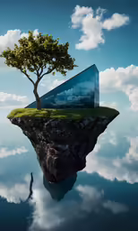 an island in the middle of water with a tree sitting on top