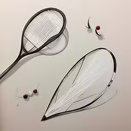 several tennis racquets are on display with an attached cord,a drawing of tennis rackets, balls and wires,two tennis rackets on the ground with balls around them,a couple of tennis rackets that are next to each other,an artistic drawing of three objects being displayed
