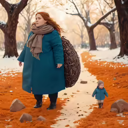 an older woman walking down a path with a child holding a brown bag