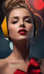 a woman with long hair wearing a red dress and headphones