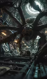 the inside of a futuristic city with huge, elaborate gears
