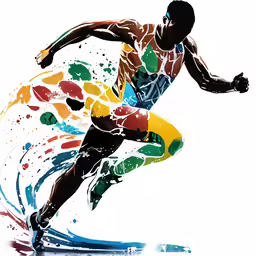 a painting of a man running through the air