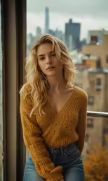 an attractive young woman leaning against a window in front of a city skyline