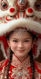 an asian girl wears an elaborate headpiece