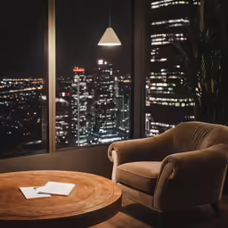 a chair with a lamp above it and a table in front