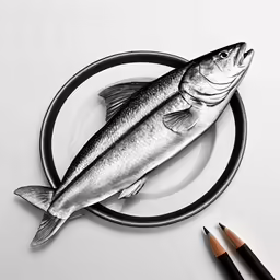 fish is displayed on the surface, surrounded by pencils