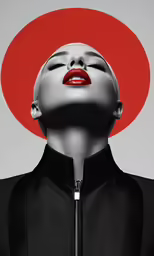 a woman with red lipstick and a black outfit in front of a red circle